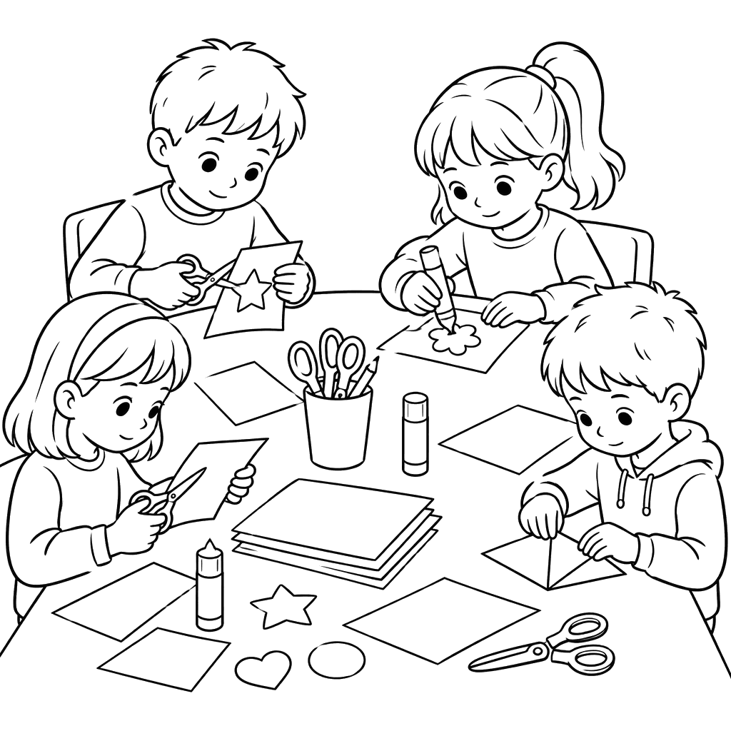 Children Making Paper Crafts Coloring Page