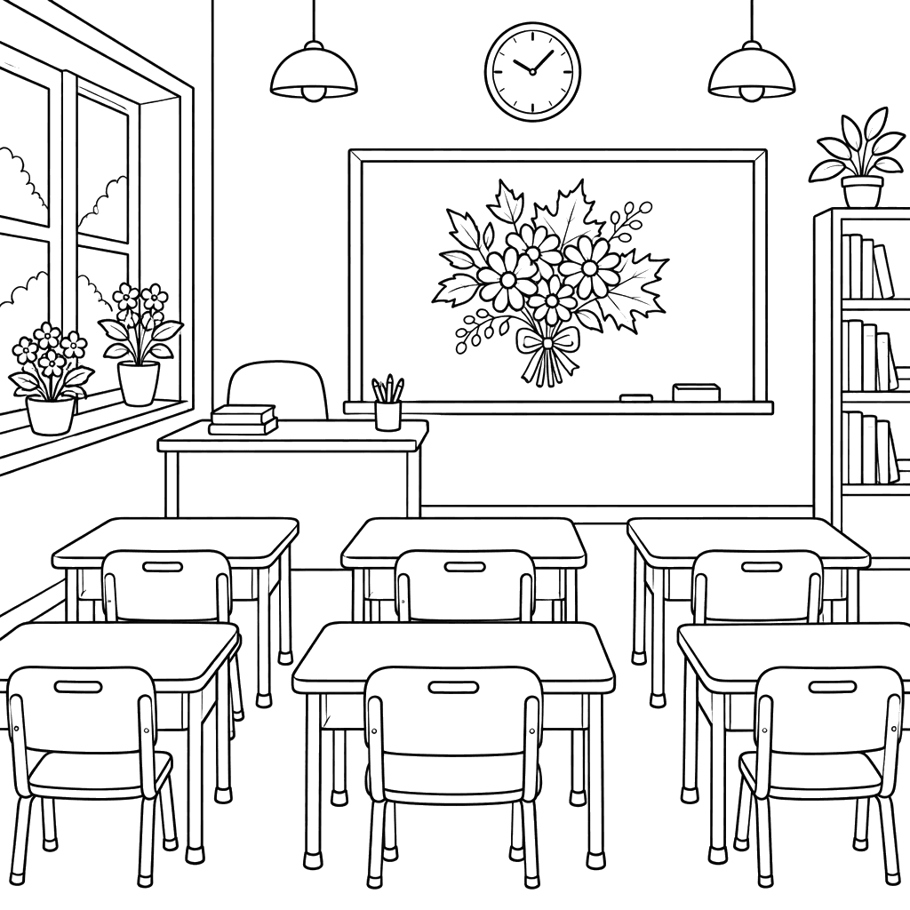 Classroom with an Autumn Bouquet Coloring Page