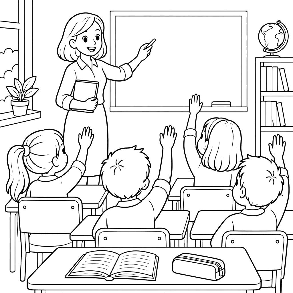 Teacher at the Board with Students Raising Hands