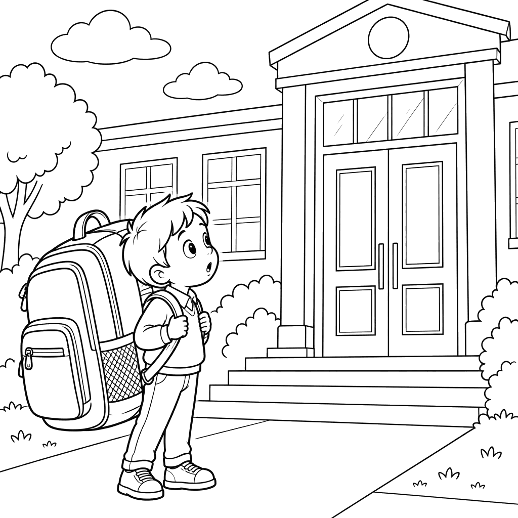 First-Grade Boy with a Huge Backpack