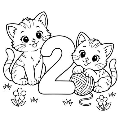Number 2 with Two Kittens Coloring Page