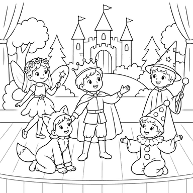 Fairy-Tale Costume Party on Stage Coloring Page