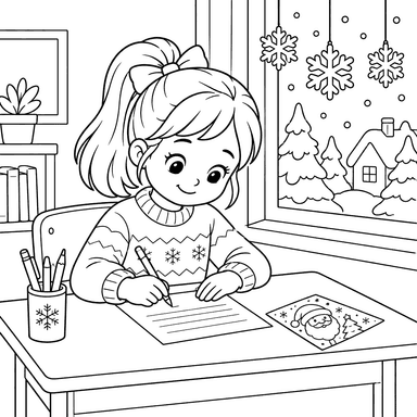 Girl Writing a Letter to Santa Coloring Page