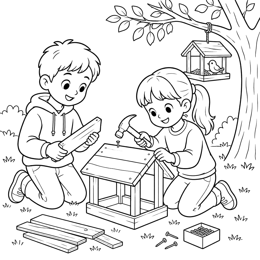 Children Building a Bird Feeder Coloring Page