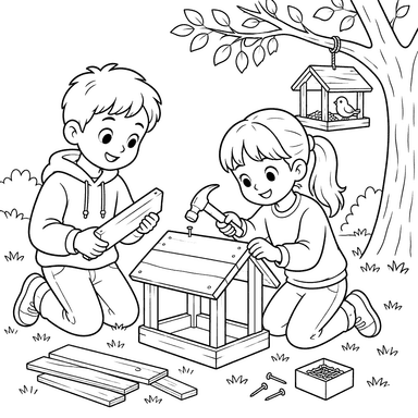Children Building a Bird Feeder Coloring Page