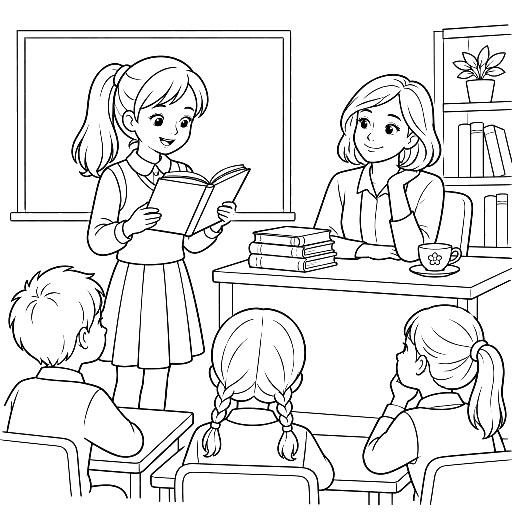 Schoolgirl Reading a Book in Class