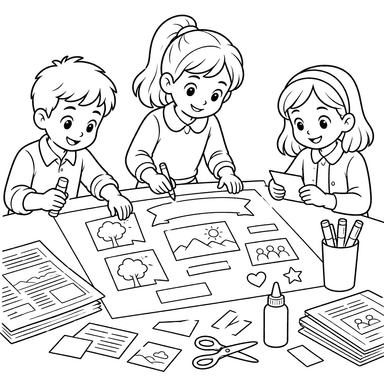 Schoolchildren Making a Poster Coloring Page