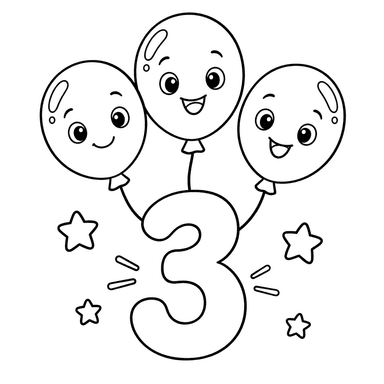 Number 3 with Three Balloons Coloring Page