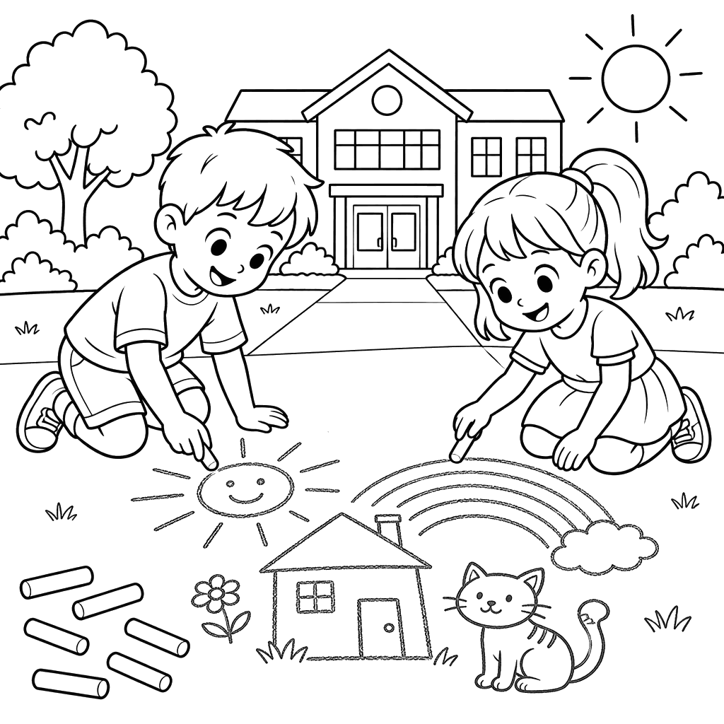 Children Drawing with Chalk at School