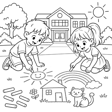 Children Drawing with Chalk at School