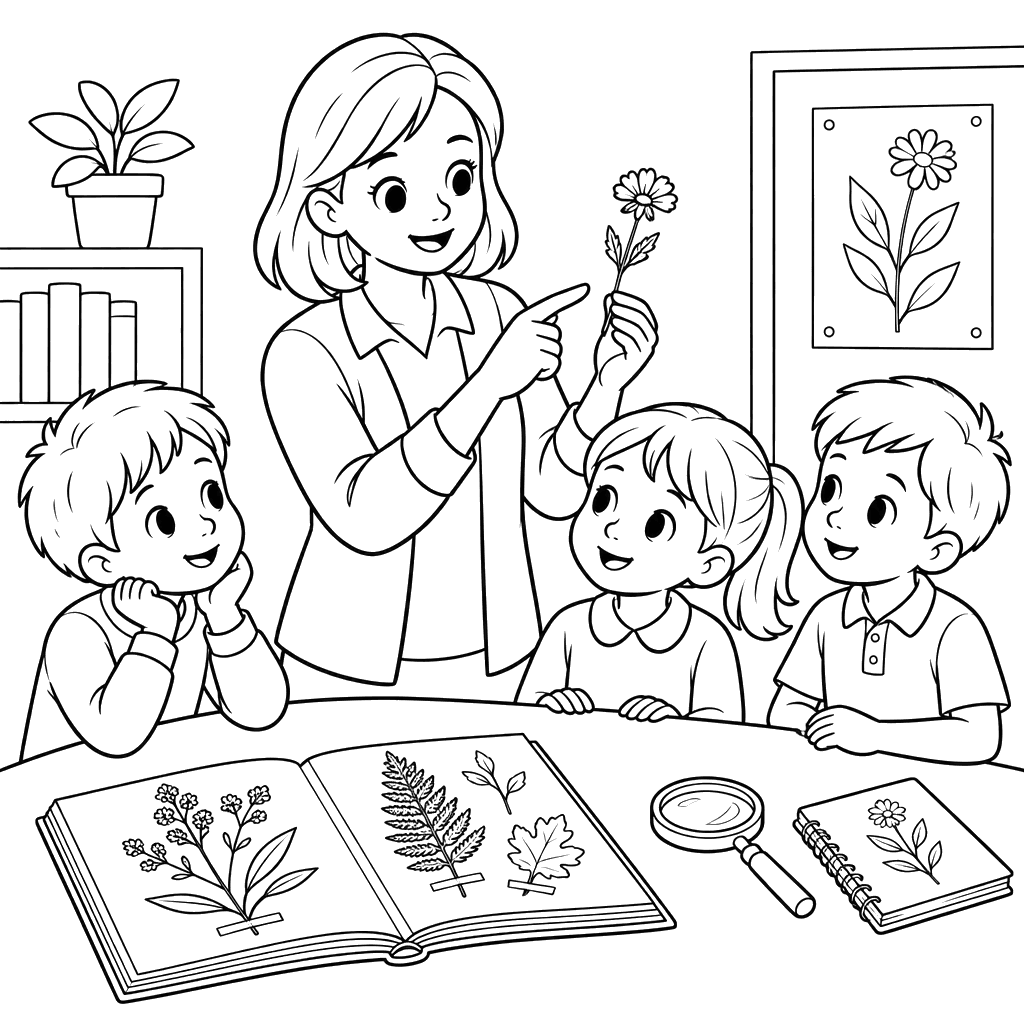 Herbarium Lesson with a Teacher and Children