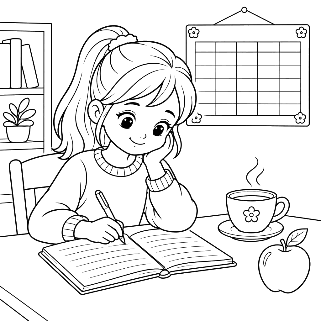 Girl Writing in a Diary Coloring Page