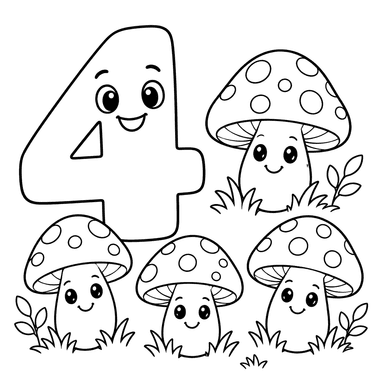 Number 4 and Four Mushrooms Coloring Page