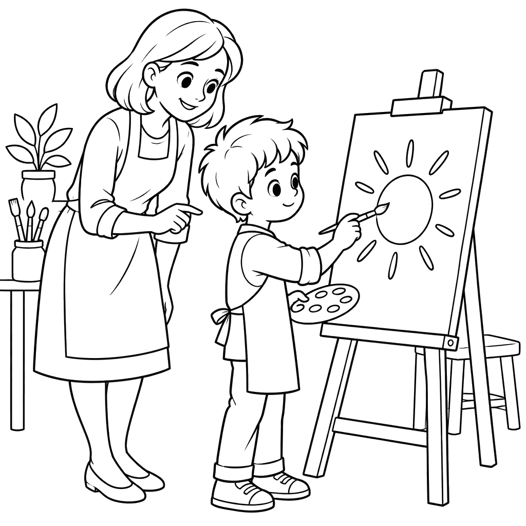 Boy Painting a Sun with His Teacher