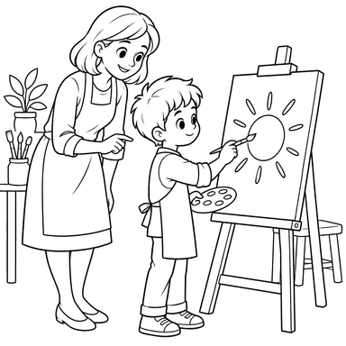 Boy Painting a Sun with His Teacher