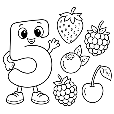 Number 5 with Five Berries Coloring Page