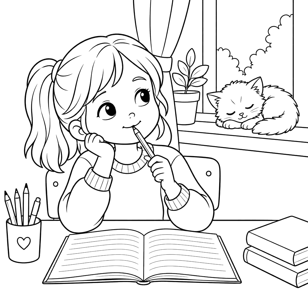 Thoughtful Girl at a Desk with Sleeping Kitten