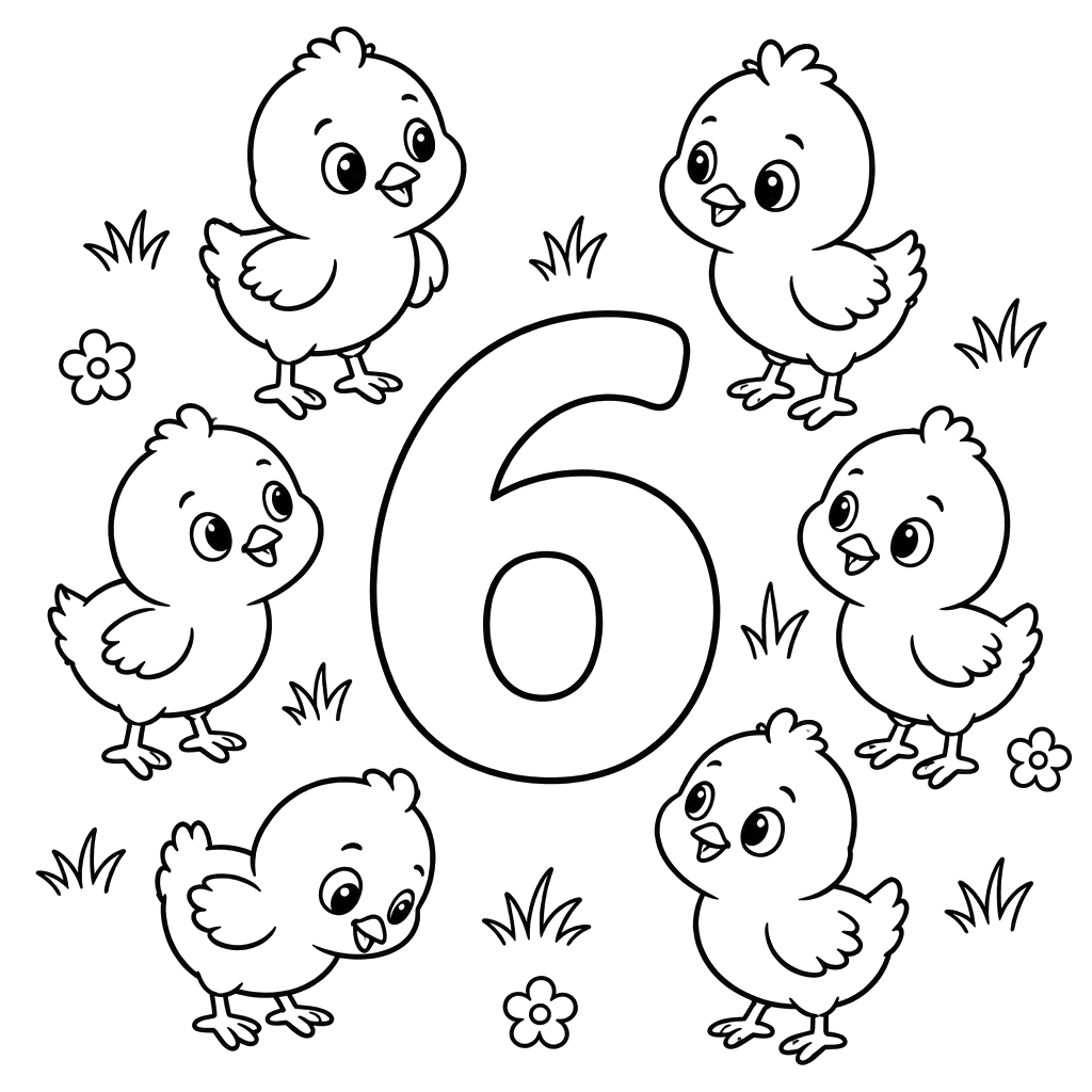Six Chicks and the Number 6 Coloring Page
