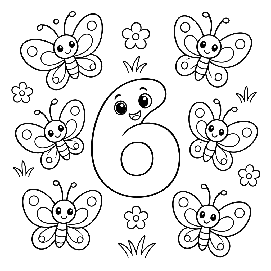 Number 6 with Six Butterflies Coloring Page