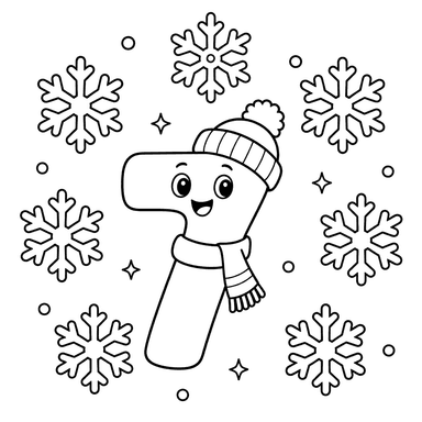 Number 7 Wearing a Hat Among Seven Snowflakes
