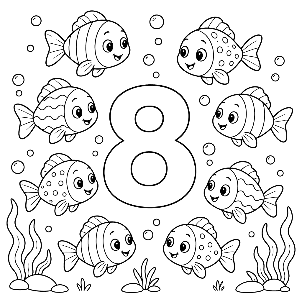 Number 8 with Eight Fish Coloring Page