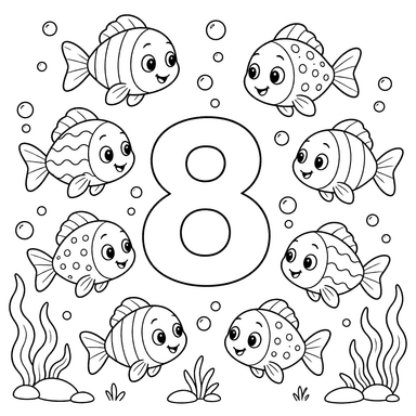 Number 8 with Eight Fish Coloring Page
