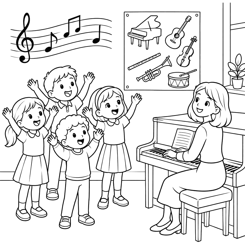 Music Lesson with Children and Piano