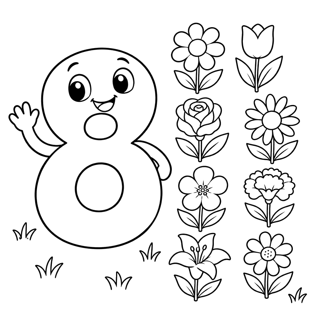 Number 8 with Eight Flowers Coloring Page
