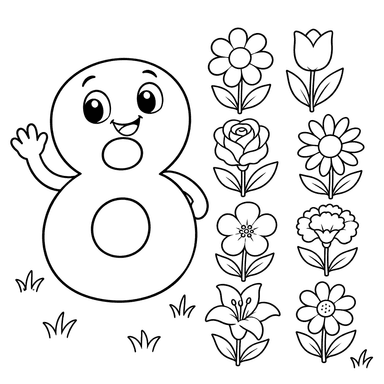 Number 8 with Eight Flowers Coloring Page