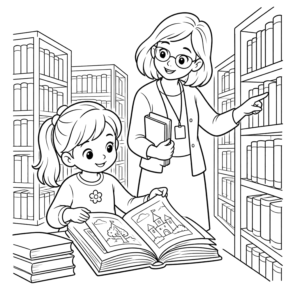 Girl and Librarian in a Library Coloring Page