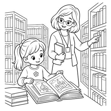 Girl and Librarian in a Library Coloring Page