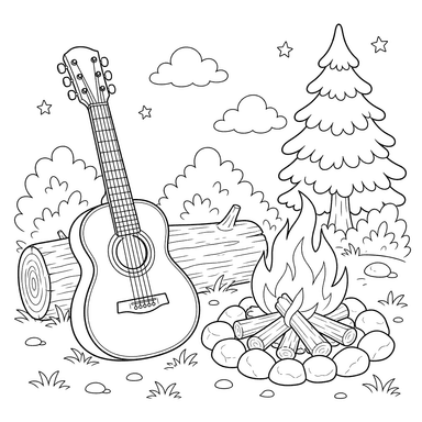 Guitar by the Campfire Coloring Page
