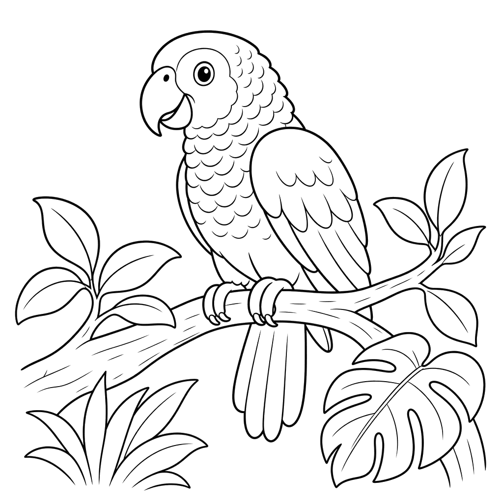 African Grey Parrot on Branch Coloring Page