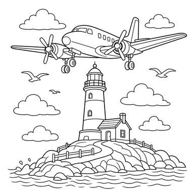 Airplane Descending over Lighthouse