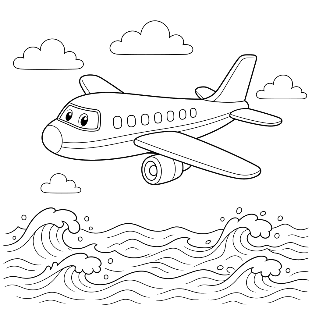 Airplane Over Ocean Coloring Page