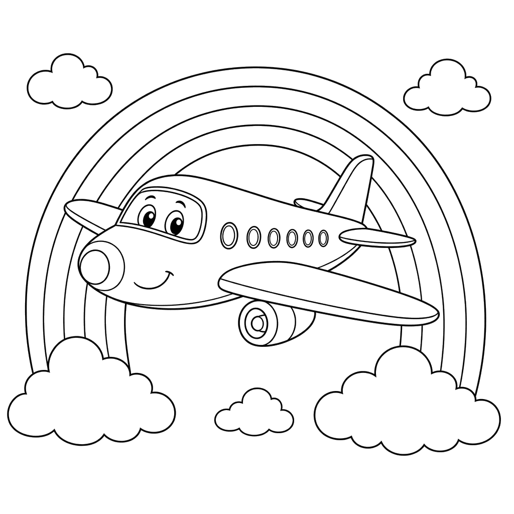 Airplane flying through rainbow coloring page