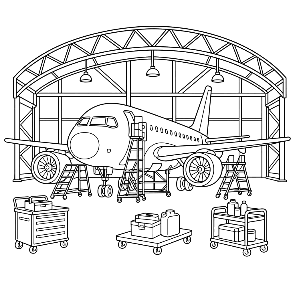 Airplane in Hangar Coloring Page