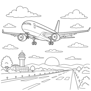 Airplane Landing in Evening Sky Coloring Page