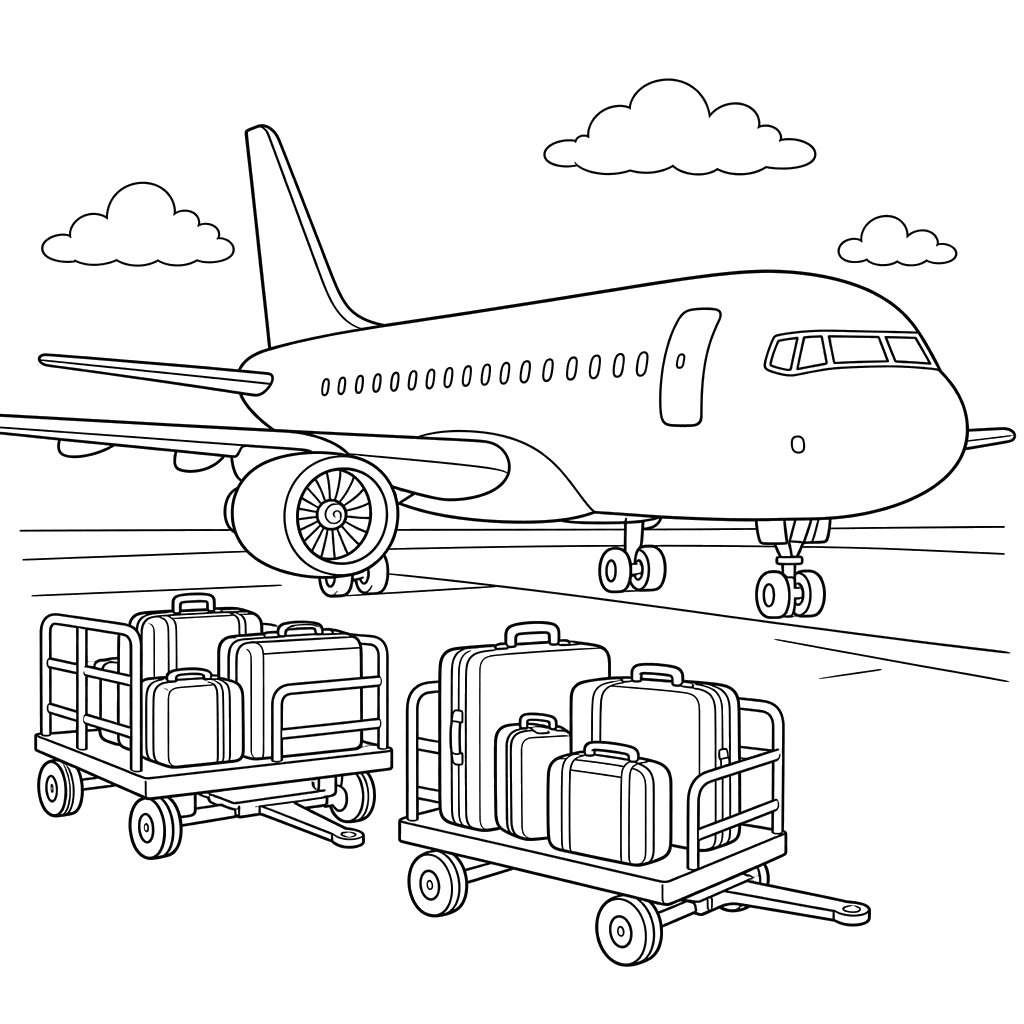 Airplane with Baggage Carts Coloring Page
