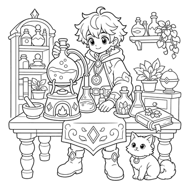 Alchemist at Table Coloring Page
