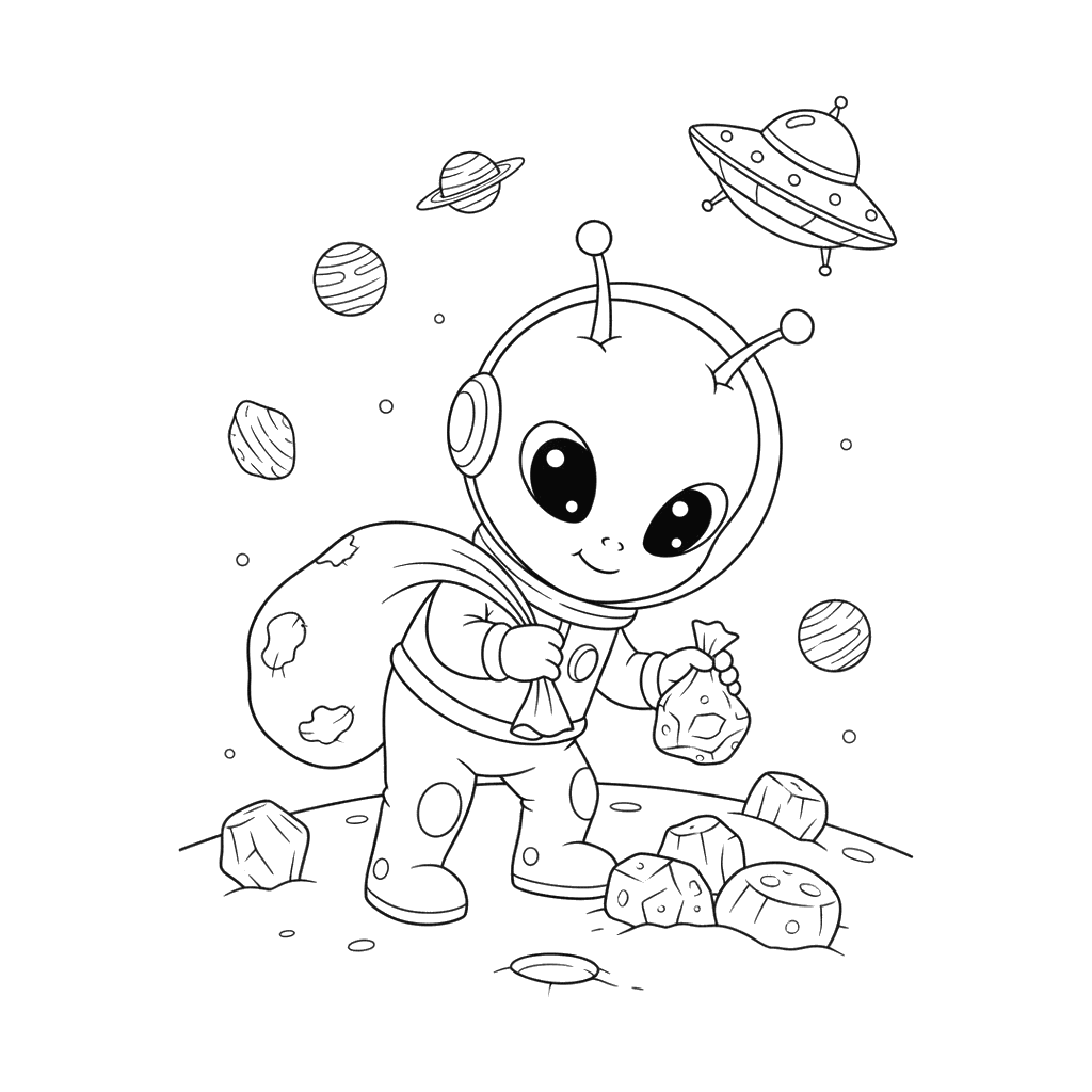 Alien Collecting Space Rocks Coloring Page