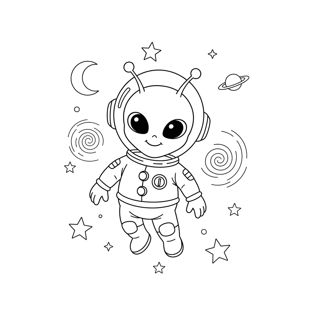 Friendly Alien in Space Coloring Page
