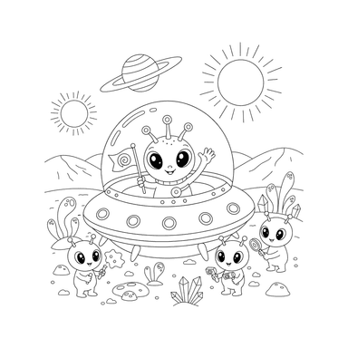Friendly Aliens Explore New Planet Coloring Page