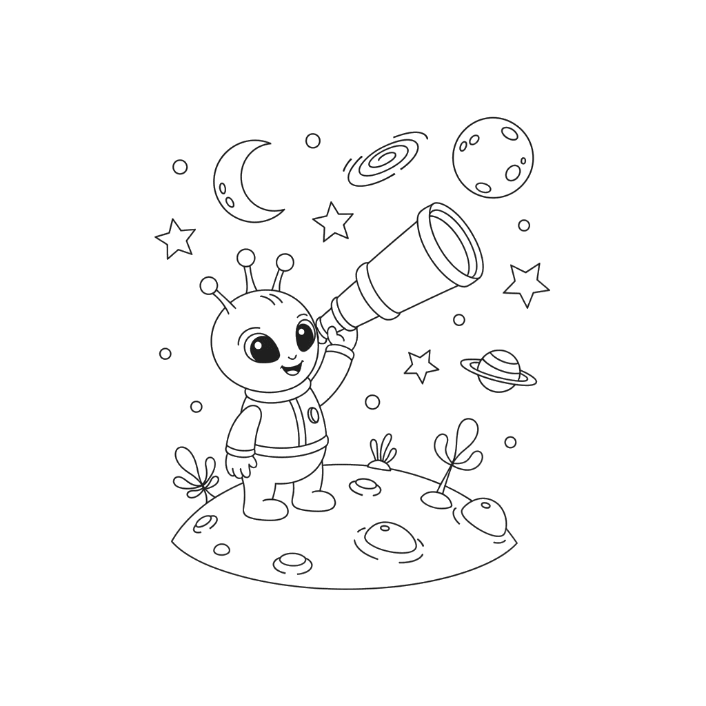 Friendly Alien with Telescope Coloring Page