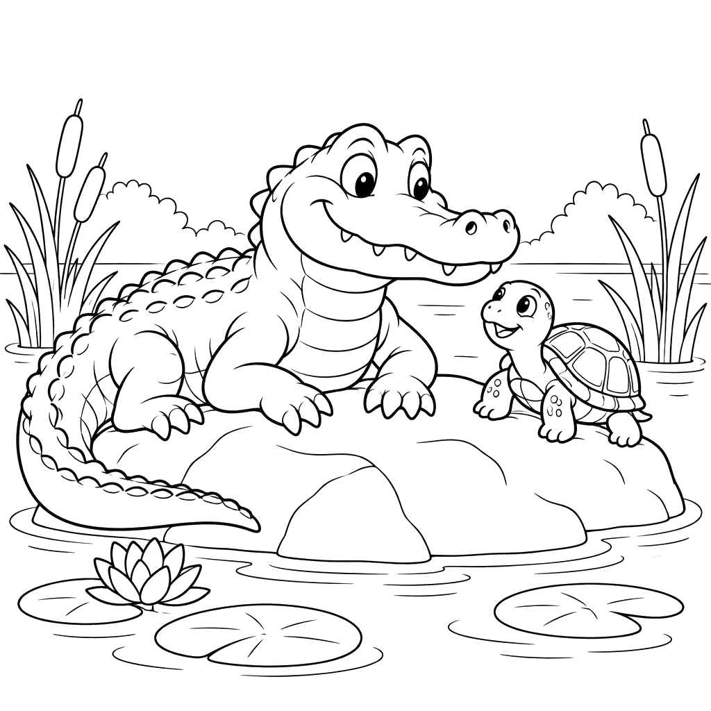Alligator and Turtle on a Rock