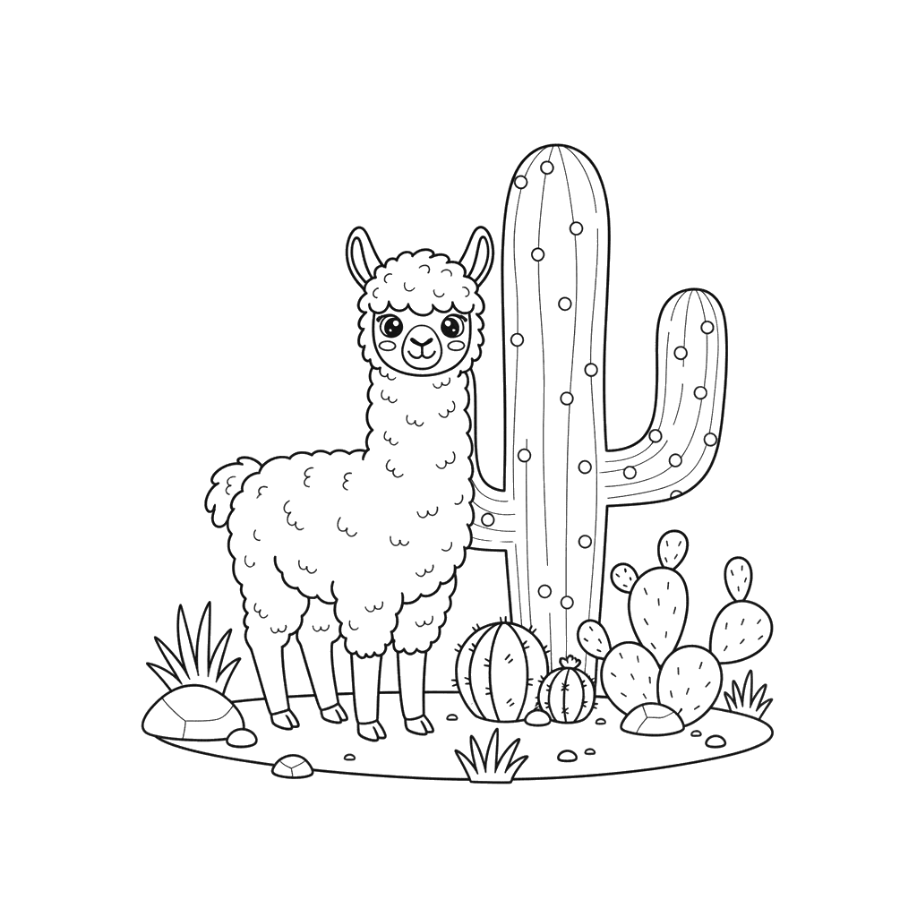 Alpaca and Cactus Coloring Page