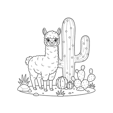 Alpaca and Cactus Coloring Page
