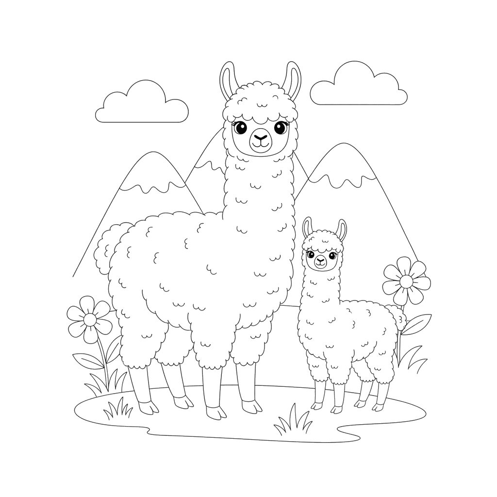 Baby Alpaca and Mom Coloring Page