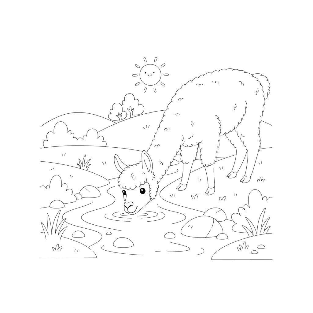 Alpaca Drinking from a Stream Coloring Page