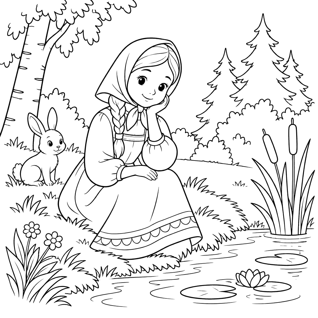 Alyonushka by the Forest Pond Coloring Page